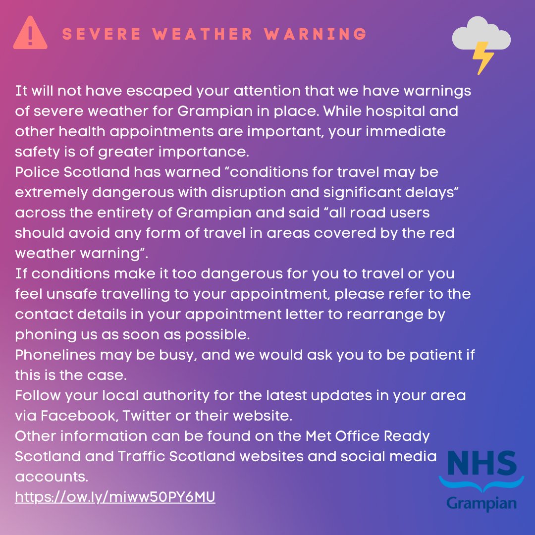 Your safety is our top priority. During #StormBabet, if you cannot safely travel to healthcare appointments, please use the details in your appointment letter to contact us to rearrange.