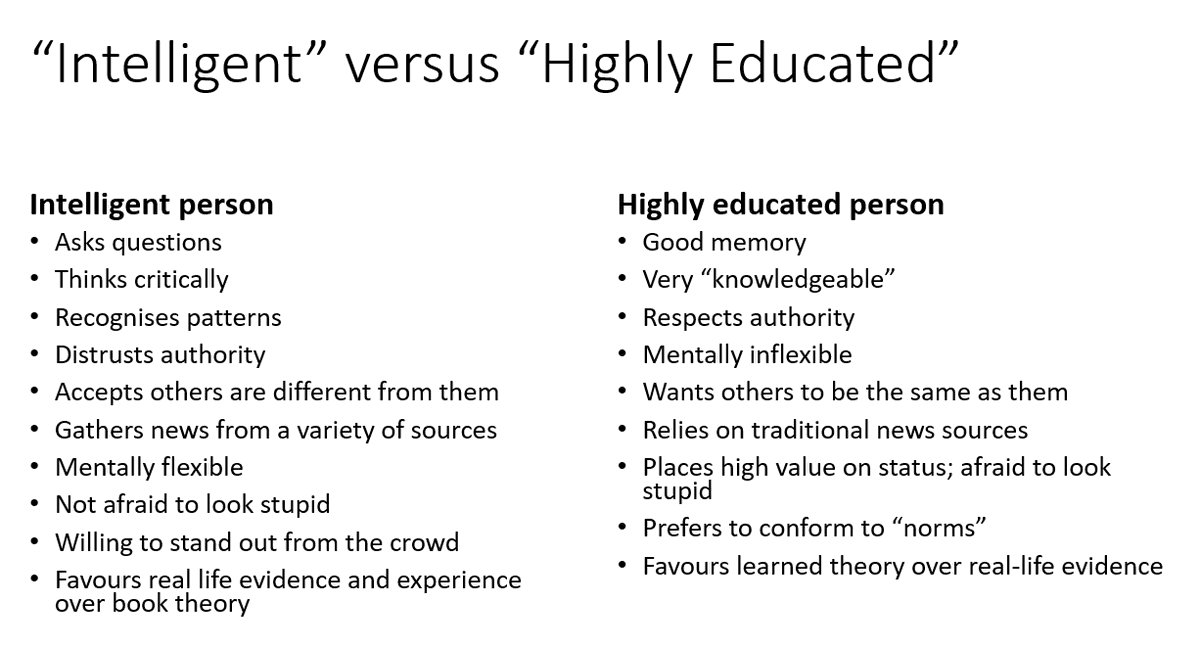 We hear a lot of "Trust the Expert!" these days. You can be the judge of how well that's going 🙂 
But it's generally used in the sense of "trust the person with a degree in the subject".
But does "highly educated" equal "intelligent"? 
I'm not so sure. Especially since 2020!