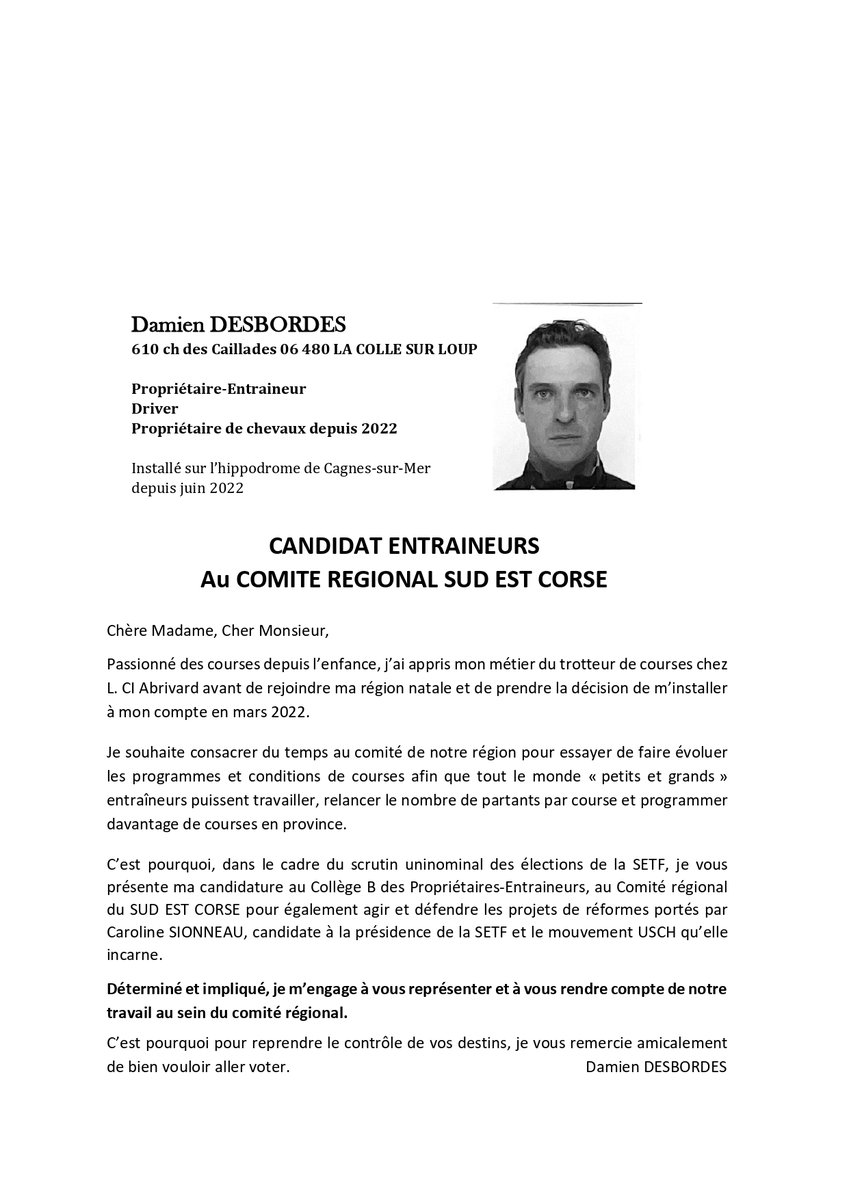 USCHippiques's tweet photo. 📢 J-1 avant l'ouverture des votes #SETF

💡Profession de foi de DAMIEN DESBORDES, candidat Collège "Entraineurs" au comité régional du SUD EST CORSE, qui soutient la candidature de Caroline Sionneau à la présidence de la SETF.  ➡  https://t.co/xvJRg3v1AF https://t.co/6yXueQjcD7