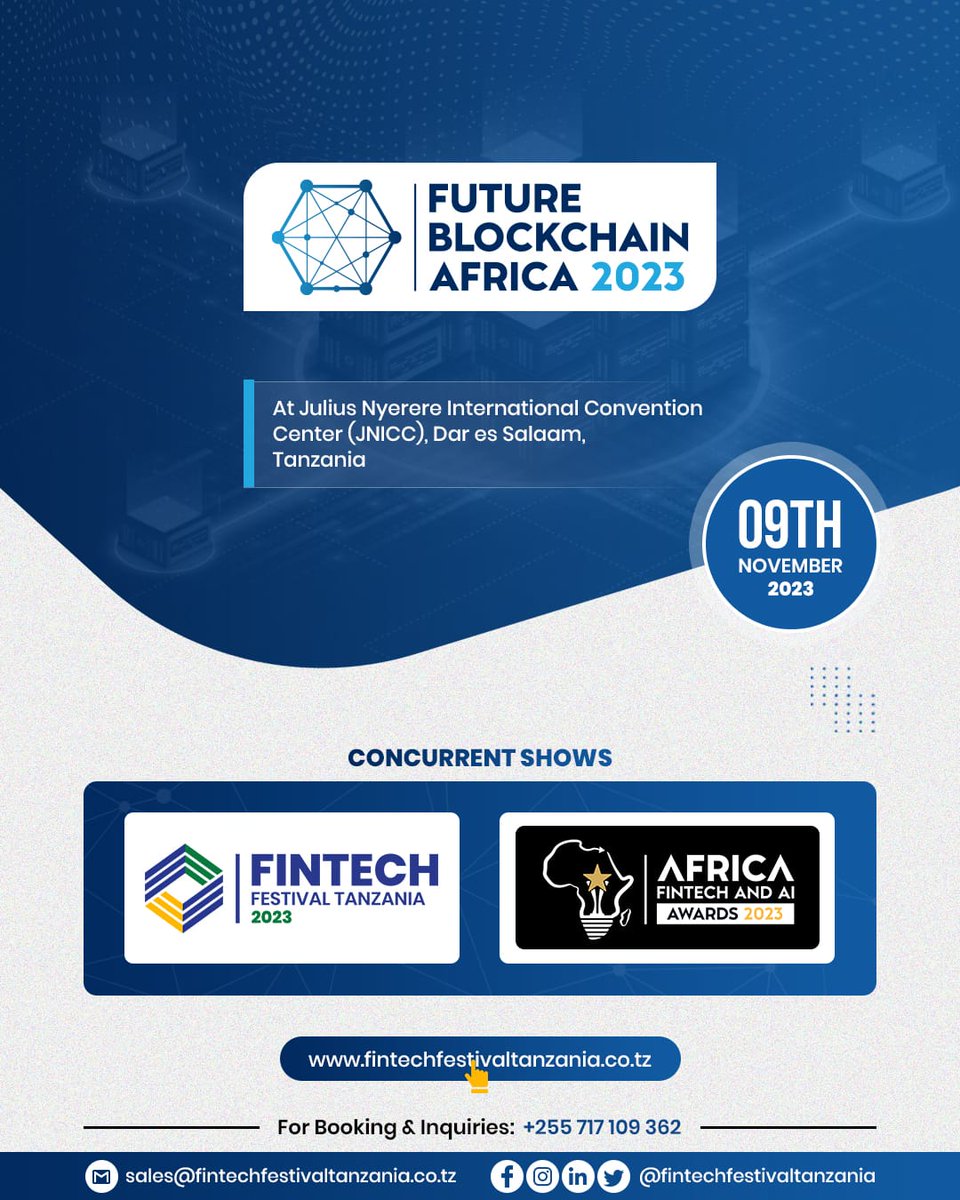 ScholaDecaprado's tweet photo. Fintech Festival Tanzania 2023.
Get ready "FUTURE BLOCKCHAIN AFRICA2023" to explore the cutting edge fintech offerings and innovative solution.
Register to participate: https://t.co/OzF0QAGmtt
Call : +255717109362
Date: 8th - 9th Nov
#FinTechFestivalTz
#FinTechFestTanzania https://t.co/SHoYHf06Az