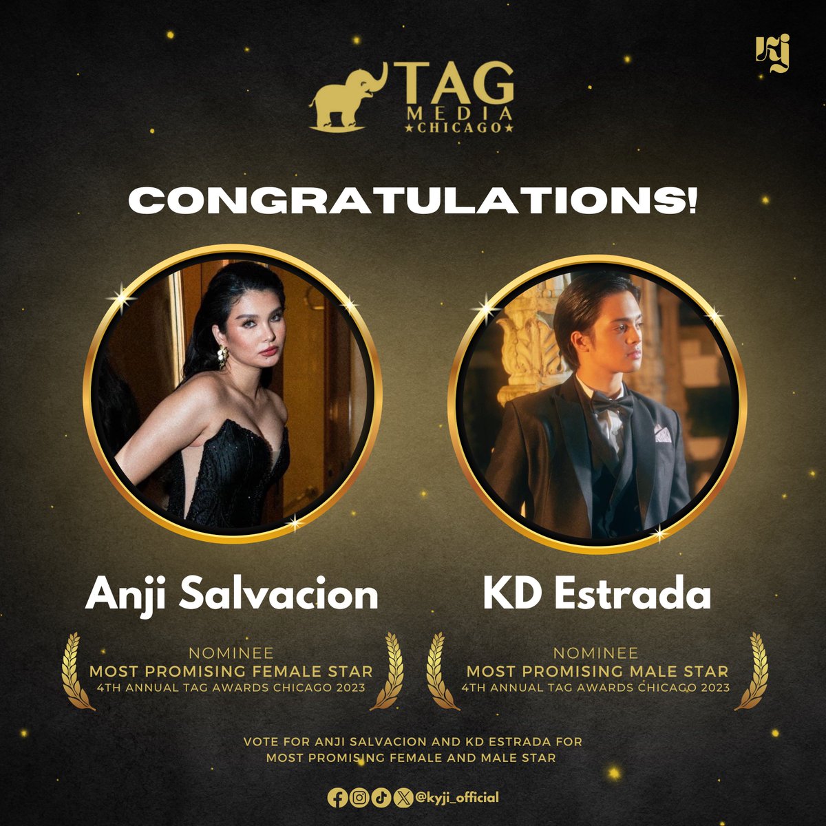KyJi_Official's tweet photo. Our beloved @kdestrada_ and @anjisalvacion's talents are once again noticed as they are nominated for "The Most Promising Male and Female Stars 2023" at the upcoming 4th Annual #TAGAwardsChicago. With this, we encourage everyone to participate in @tagmediachicago polls. Let's make this happen, Sunsets! Let's give this title again to our best boy and best girl!

Kindly see the guide on how to cast your votes for KD Estrada and Anji Salvacion.

#KyJi | #KDEstrada #AnjiSalvacion