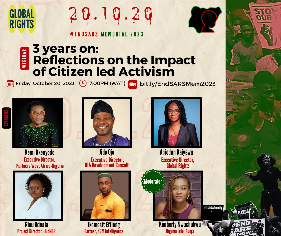 Join us for our #MemorialWebinar tomorrow, October 20, 2023, at 7pm to reflect on the lasting impact of citizen-led activism./2

#October2020
#EndSARS3YearsOn💔🇳🇬
#WeWillNeverForget
#EndSARSMemorial

@MKabrik 
@McQuertzo 
@Osi_lama 
@Eagleway_Inv 
@itsmrcharming 
@dreamchaserjtk