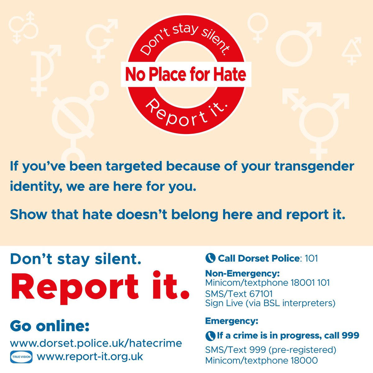 As part of National Hate Crime Awareness Week, we stand together with our communities to remind everyone that there is no place for hate in Dorset.

If you have been the victim of abuse or targeted because of your transgender identity, we want you to know that we are there for