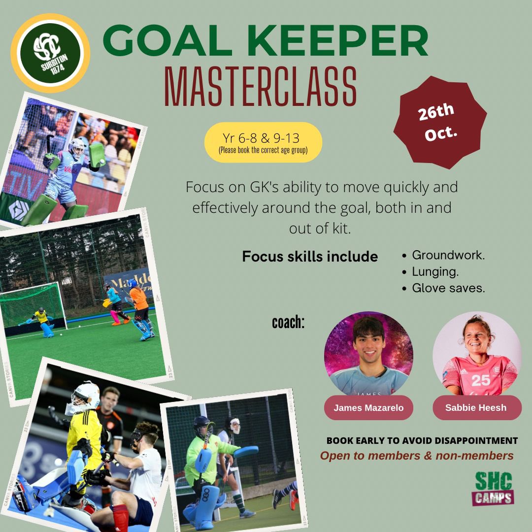 Surbiton Hockey Club (@surbitonhc) on Twitter photo A week today we’ll be running our Goalkeeper Masterclass!
Groundwork, lunging, glove saves & more coached by 🇬🇧 stars <a href="/JamesMazarelo/">James Mazarelo</a> & <a href="/SabbieHeesh/">Sabbie Heesh</a>
For players in years 6-13. Open to members & non members
Book 🔗 bit.ly/3fqg6ON
#SHC • surbitonhc.com A week today we’ll be running our Goalkeeper Masterclass!
Groundwork, lunging, glove saves & more coached by 🇬🇧 stars <a href="/JamesMazarelo/">James Mazarelo</a> & <a href="/SabbieHeesh/">Sabbie Heesh</a>
For players in years 6-13. Open to members & non members
Book 🔗 bit.ly/3fqg6ON
#SHC • surbitonhc.com
