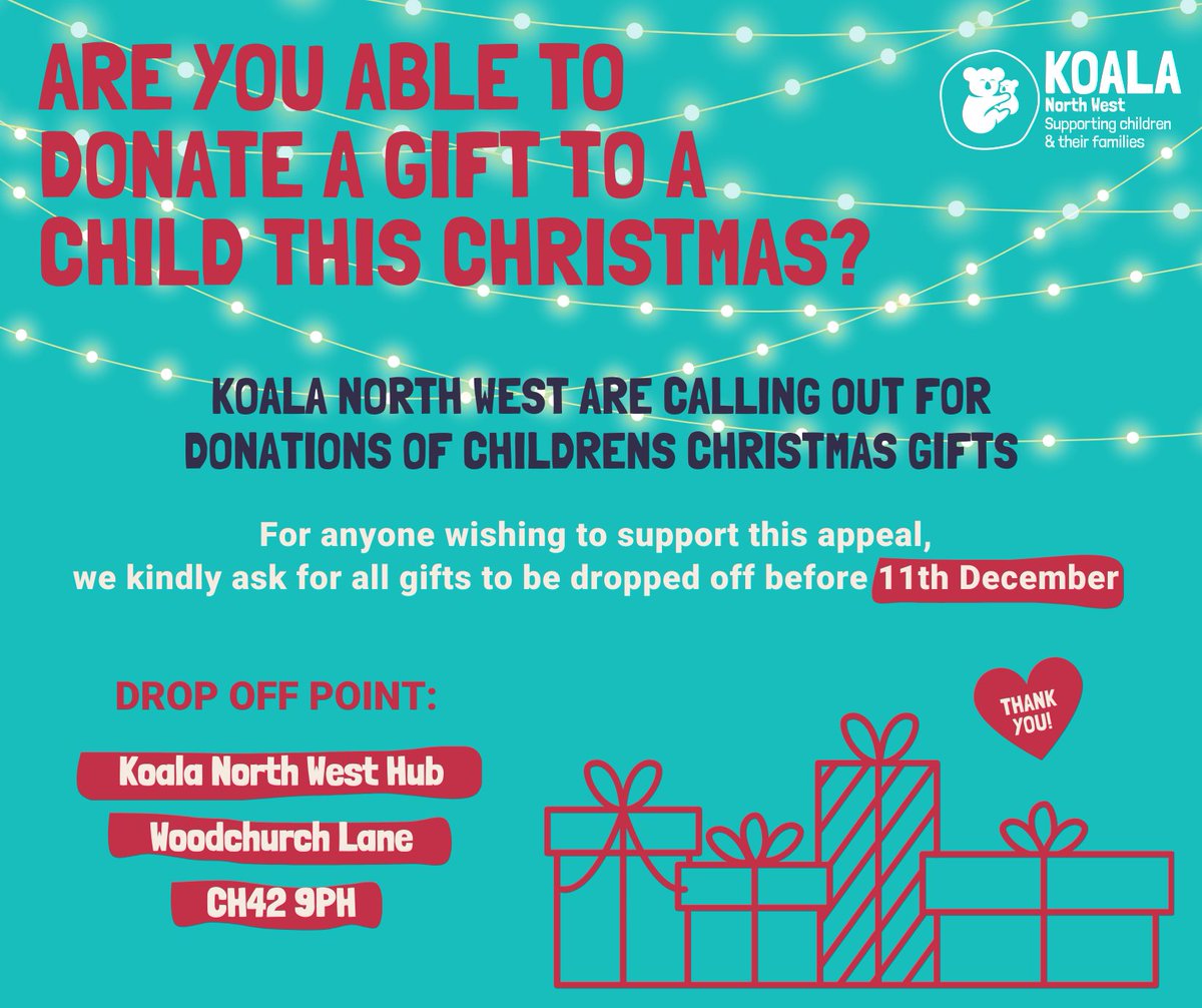 If you want to make a donation this year, we will be collecting gifts at our Koala North West HUB until the 11th of December.

We really appreciate any gifts that are donated. ❤️

If you have any questions please send us a message or call us on 0151 608 8288. 🤶

#christmasappeal