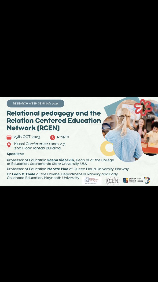 If you are interested in relationships in education #RelationalPedagogy join us online or in person in @MaynoothUni for #MUResearch week on 25 Oct 4pm Irish time for discussion with Prof Sasha Sidorkin, Prof Merete Moe and me on all things relational 😊 eventbrite.ie/e/relational-p…