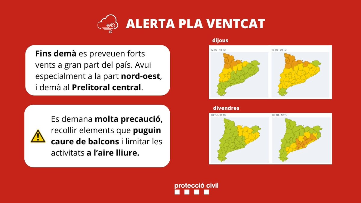 emergenciescat's tweet photo. ⛈️🌬️🌊 #ProteccioCivil activa les alertes per pluges intenses, fort vent i onatge ⚠️

👉🏻 Es demana molta prudència en la mobilitat a partir de la tarda i fins la matinada a les zones on plogui intensament, i allunyar-se de rieres i zones inundables

ℹ️ https://t.co/nJSVT7grQ7 https://t.co/HkXVOXYNRi