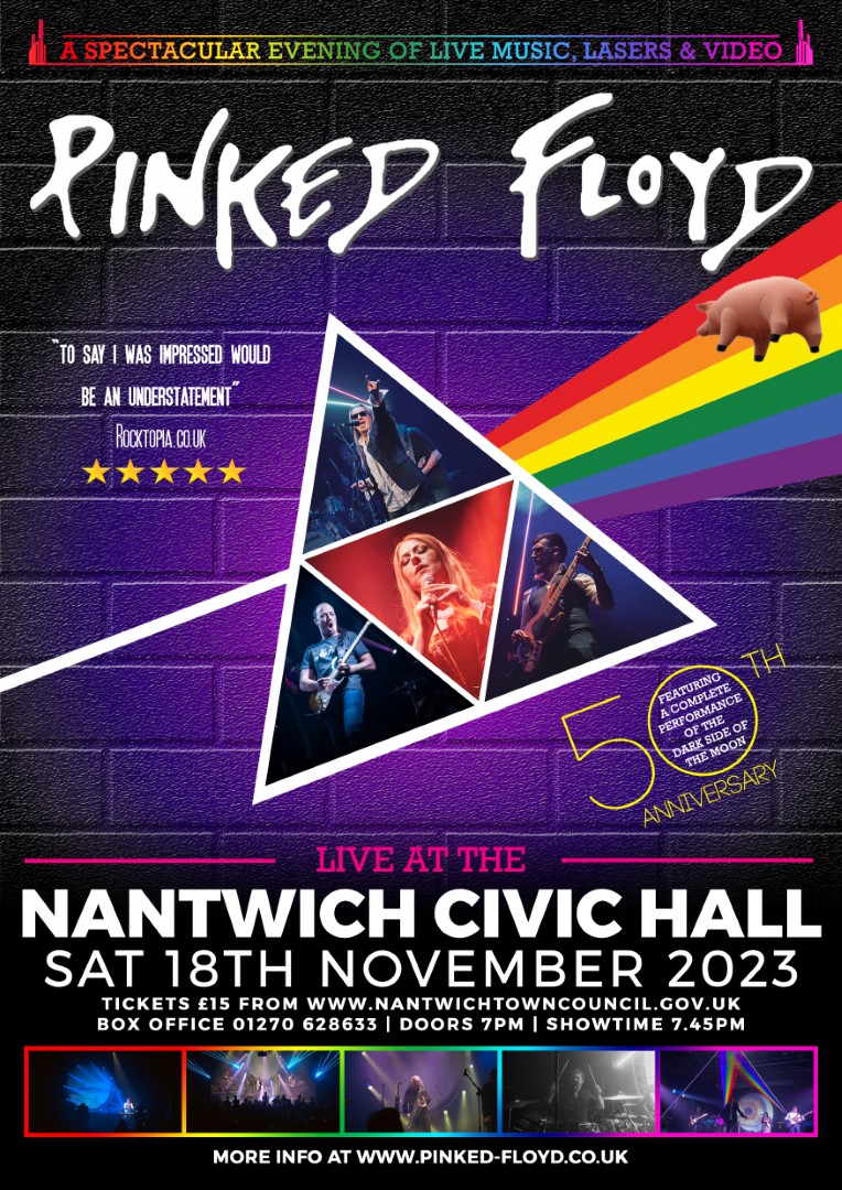 PinkedFloyd's tweet photo. The spectacular Pinked Floyd show rolls into Nantwich for the first time on 18th November to celebrate the 50th anniversary of The Dark Side Of the Moon with you. Tickets from: https://t.co/d7kEA0LUb7
@NantwichCivic #nantwich #PinkFloyd #livemusic #tributeband https://t.co/EbwWuH3B6W