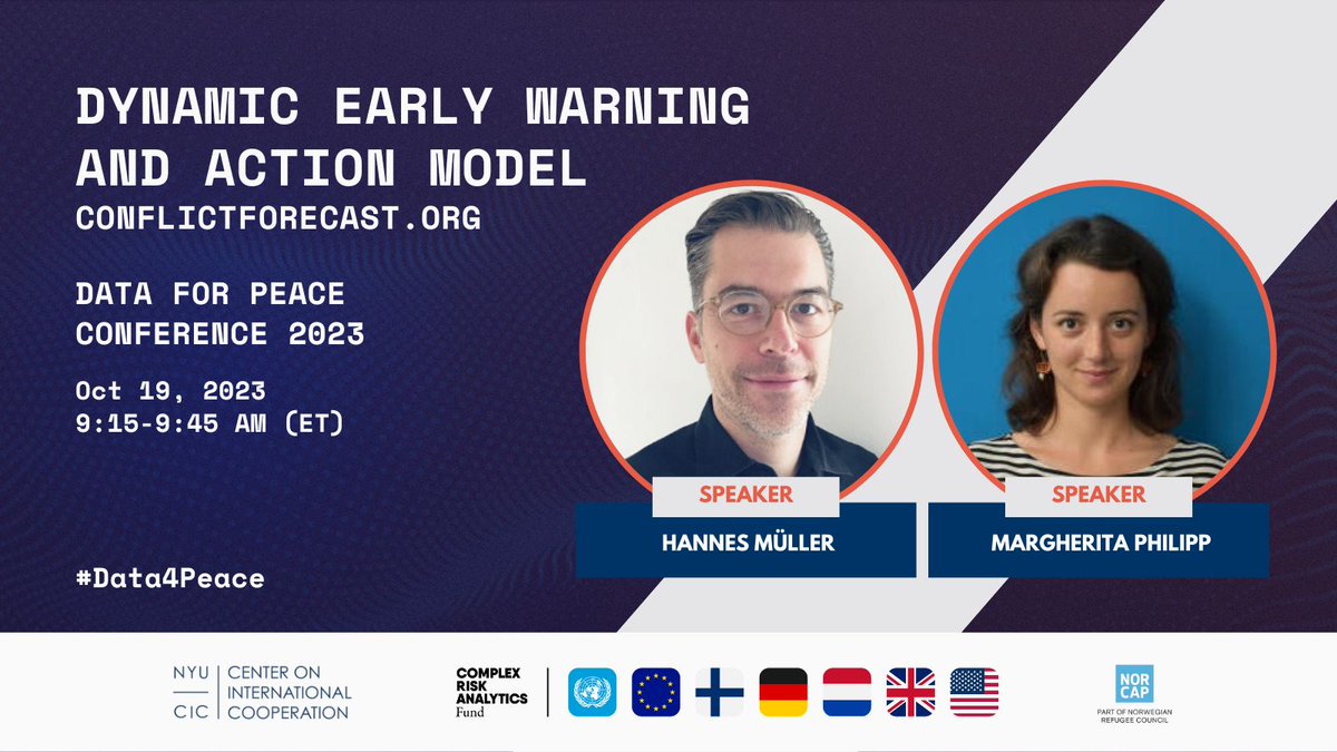 conflictforecast (@conflictforeca1) on Twitter photo Don't forget to tune in when Hannes Mueller and <a href="/MitaPhlip/">Margherita Philipp</a> talk about our Dynamic Early Warning and Action Model, born from a project with the <a href="/FCDOGovUK/">Foreign, Commonwealth & Development Office</a>.
Today at 3:15 CET at the #data4peace conference hosted by <a href="/nyuCIC/">NYU Center on International Cooperation (CIC)</a> Don't forget to tune in when Hannes Mueller and <a href="/MitaPhlip/">Margherita Philipp</a> talk about our Dynamic Early Warning and Action Model, born from a project with the <a href="/FCDOGovUK/">Foreign, Commonwealth & Development Office</a>.
Today at 3:15 CET at the #data4peace conference hosted by <a href="/nyuCIC/">NYU Center on International Cooperation (CIC)</a>