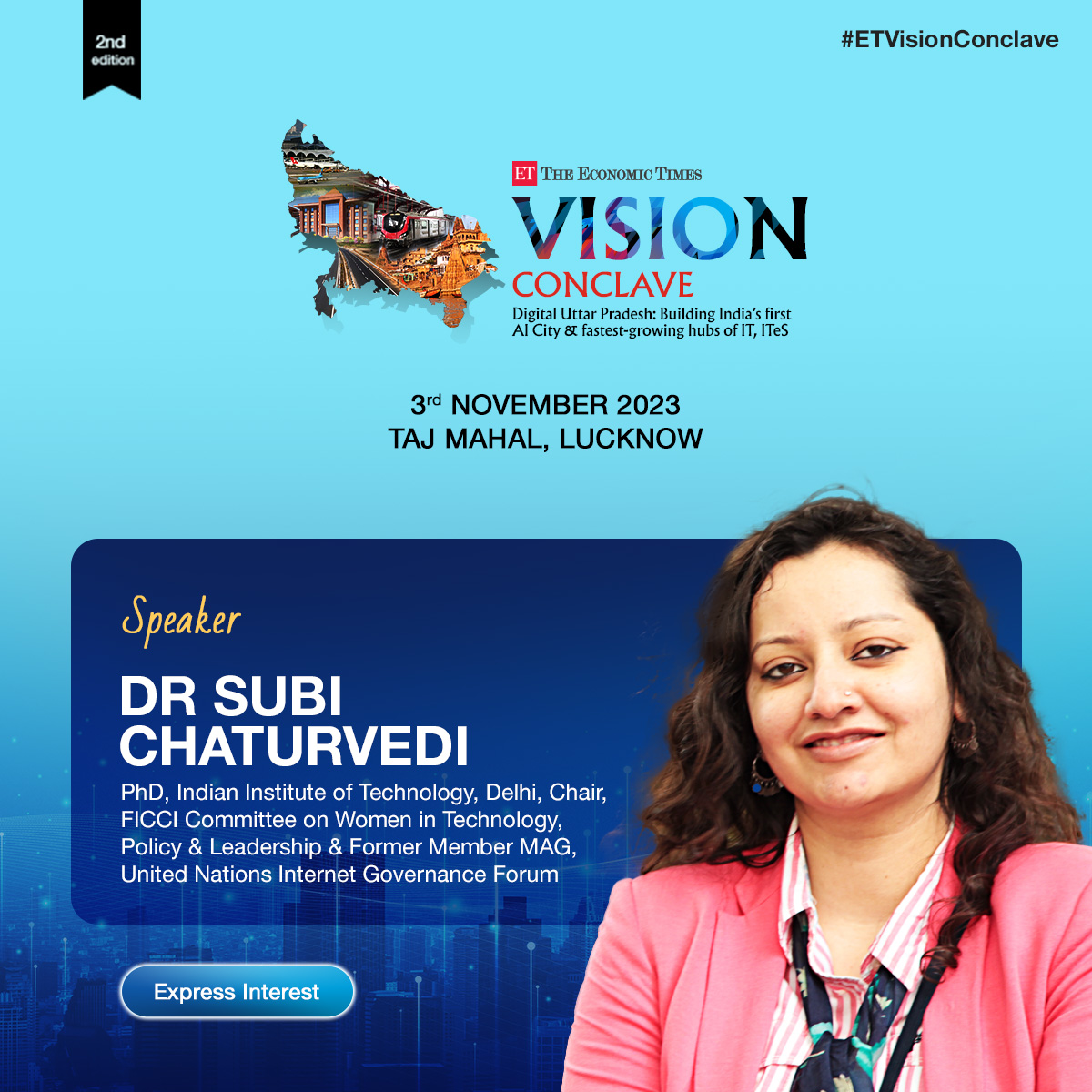 ET_Government's tweet photo. We introduce Dr. @subichaturvedi- PhD, @iitdelhi, Chair, @ficci_india Committee on Women in Technology, Policy &amp; Leadership &amp; Former Member MAG,UN Internet Governance Forum  as our esteemed speaker at #ETVisionConclave

Know More: https://t.co/1Kdf9DM8MH

#ETGovernment #Lucknow https://t.co/IF4SqGwnuQ