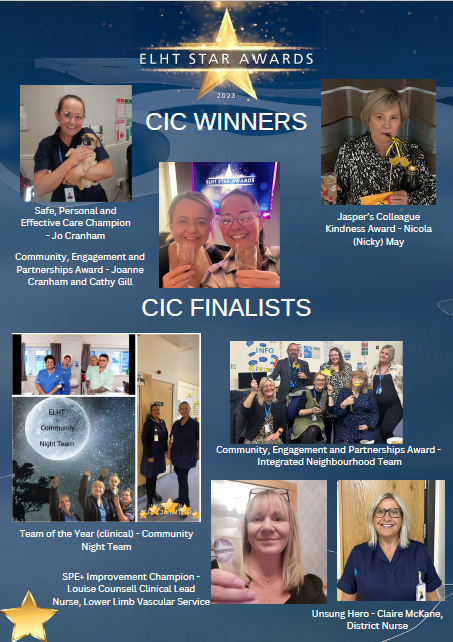 Cicdivision's tweet photo. As part of Community Services Week we are shining the spotlight on our ELHT Star Awards 2023 CIC Finalists and Winners. Congratulations again to everyone. https://t.co/0HoTFr5EwR