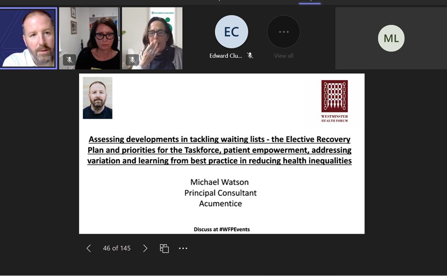 Today, our Principal Consultant, Michael Watson, spoke at the latest Westminster Health Forum conference.

The event focused on #waitingtimes and #electiverecovery in England, with Michael talking about learning lessons from the past & keeping on top of operational management.