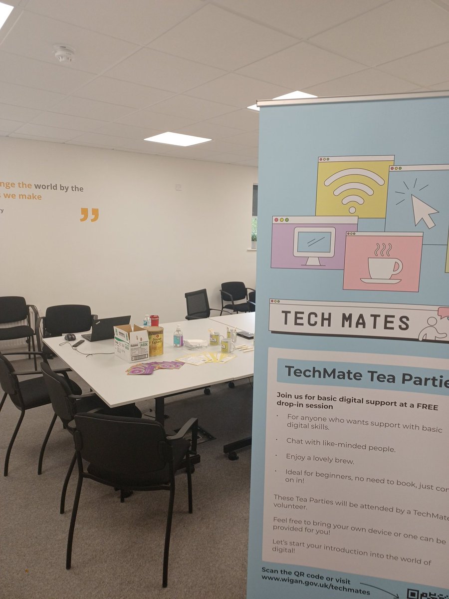 DigitalWigan's tweet photo. All set up and ready to go at Ingeus for our Techmate Tea Party! Anyone is welcome , headdown to 64 Hallgate! We're here till 1! Tell your friends #Digitalinclusion https://t.co/ykde7IkBK3