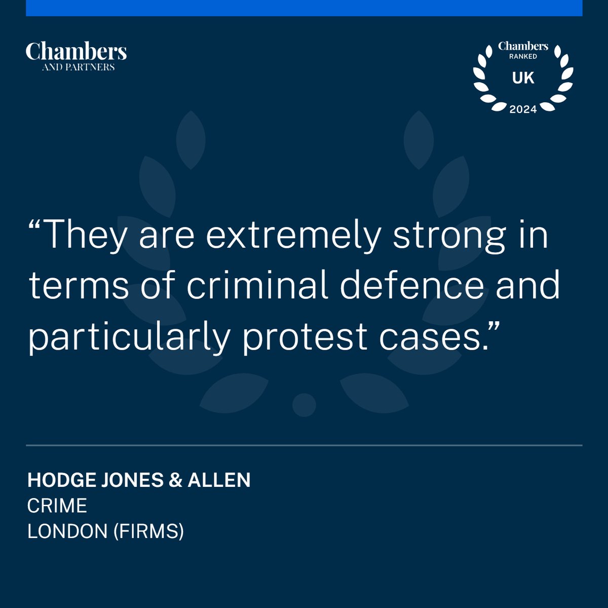 HJACrimeTeam's tweet photo. We are incredibly proud to see our team ranked in 5 categories in the latest edition of #ChambersUK2024.

Delighted to maintain top ranking in the #ProtestLaw,  category, Band 2 in General #Crime and #PublicInquiries, and Spotlighted as Legal Aid Specialists. https://t.co/8owflXM3CQ