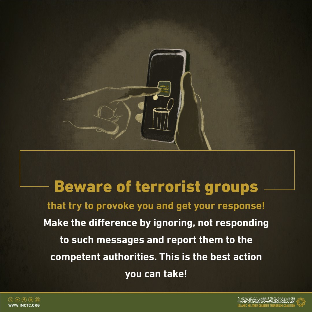 imctc_en's tweet photo. Terrorist groups use means of incitement over the digital space by sending messages that sowing doubt about religious, social leaders and institutions, or incitement through circulating false rumors.
#Make_the_difference
#IMCTC https://t.co/PcopFsmxHt