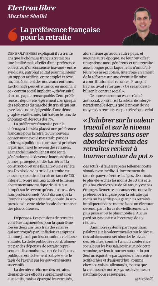 Il y a 30 ans, <a href="/Olivennes/">Denis Olivennes</a> théorisait le "contrat social implicite" de la préférence française pour le chômage.

La préférence française pour la #retraite est le nouveau consensus politique inavoué. Un contrat anti-social au détriment des actifs.

Ma chronique pour <a href="/lopinion_fr/">l'Opinion</a> ⬇️
