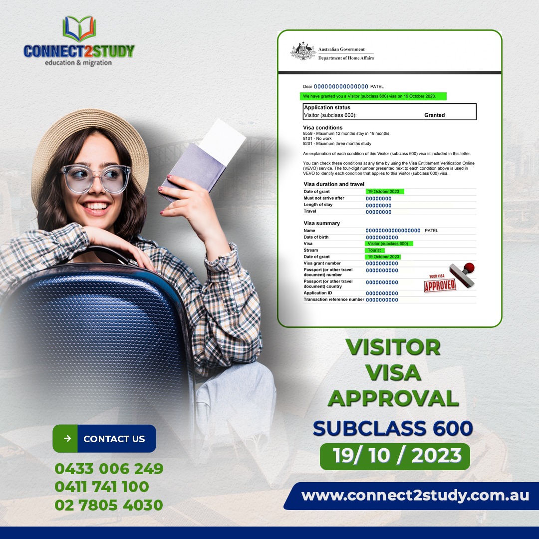 🛂✨ Visitor Visa Approved! ✨🛂

#VisaApproval #VisitorVisa600 #Connect2StudySuccess #ExploreAustralia #SafeTravels #VisaTriumph #YourVisaPartner #Connect2StudyVictories
