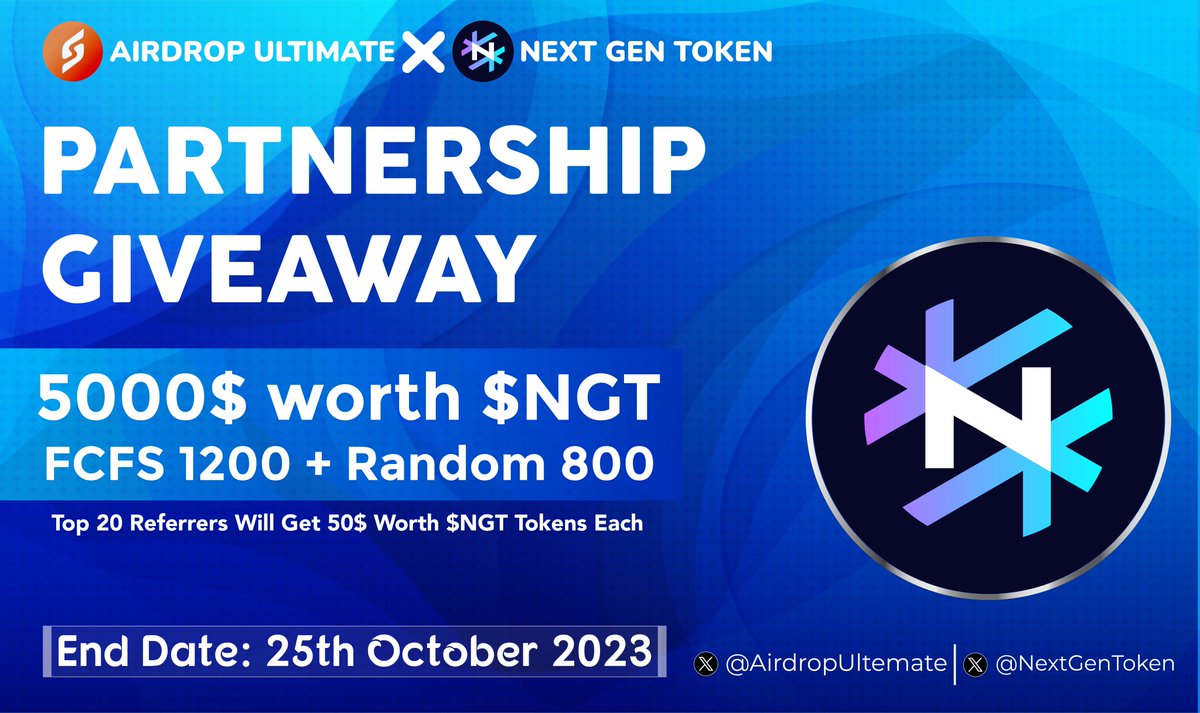 Airdrop Ultimate (@airdropultemate) on Twitter photo ๐ฅณ Next Gen Token X Airdrop Ultimate #Giveaway
๐ Prize Pool ยซยป 5000$ in $NGT
โ
Follow <a href="/AirdropUltemate/">Airdrop Ultimate</a> &
<a href="/NextGenToken/">Next Gen Token</a>
โ
Like, RT & Tag 3 Friends
โ
Complete #Gleamโคต๏ธ
gleam.io/x2x6P/next-genโฆ
โณ Ends 25th October
#NextGenToken #Airdrop #Giveaway #Crypto #NGT #ETH #FCFS ๐ฅณ Next Gen Token X Airdrop Ultimate #Giveaway
๐ Prize Pool ยซยป 5000$ in $NGT
โ
Follow <a href="/AirdropUltemate/">Airdrop Ultimate</a> &
<a href="/NextGenToken/">Next Gen Token</a>
โ
Like, RT & Tag 3 Friends
โ
Complete #Gleamโคต๏ธ
gleam.io/x2x6P/next-genโฆ
โณ Ends 25th October
#NextGenToken #Airdrop #Giveaway #Crypto #NGT #ETH #FCFS
