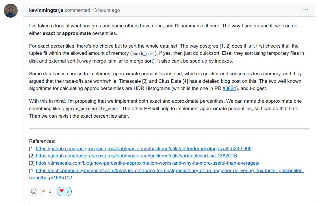 Feels good when an OSS contributor researches the implementation options thoughtfully when approaching a feature. Thanks Kevin!
github.com/questdb/questd…

Approximate percentiles look like a nice starting point considering that we were already going to use HdrHistogram in QuestDB.