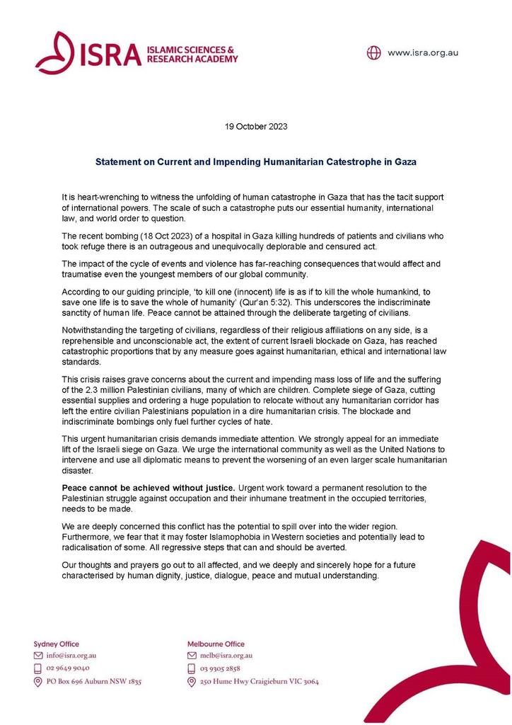 ICAN_AUS's tweet photo. ISRA's statement on current and impending humanitarian catastrophe in Gaza. https://t.co/CdqQlIwPYA