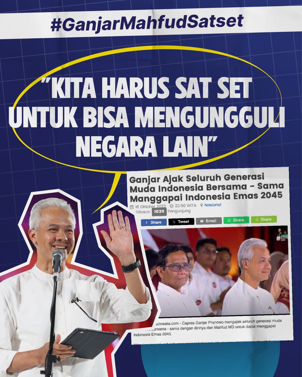 Semakin semangat buat dukung Ganjar Mahfud, karena #GanjarMahfudSatset dalam upaya bangun dan bela negara. 

Ganjar yang bersinergi untuk mengakselerasi pembangunan lewat 3 fondasi dan 7 strategi. 

Sedangkan Mahfud yang akan mendorong serta mengawal percepatan pembangunan bangsa