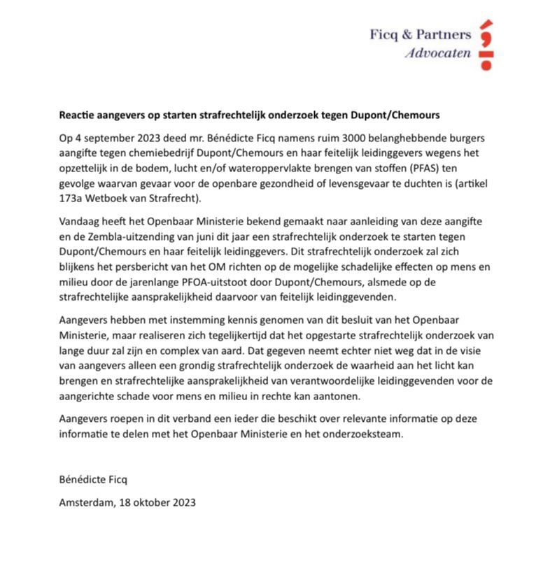 Reactie aangevers op starten strafrechtelijk onderzoek Dupont/Chemours.