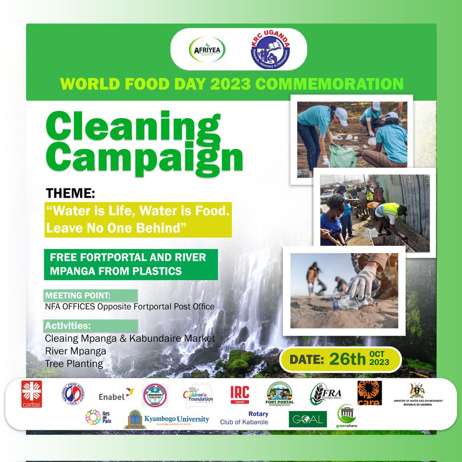 KRCUganda's tweet photo. As part of the #WorldFoodDay2023  celebrations, KRC-Uganda in partnership with @AfriyeaGolfAcademy will conduct a clean up campaign in @FortportalTourism City to ensure a #HealthyEnvironment #HealthyPeople #zeroplastics. https://t.co/UIMsrJUw5T