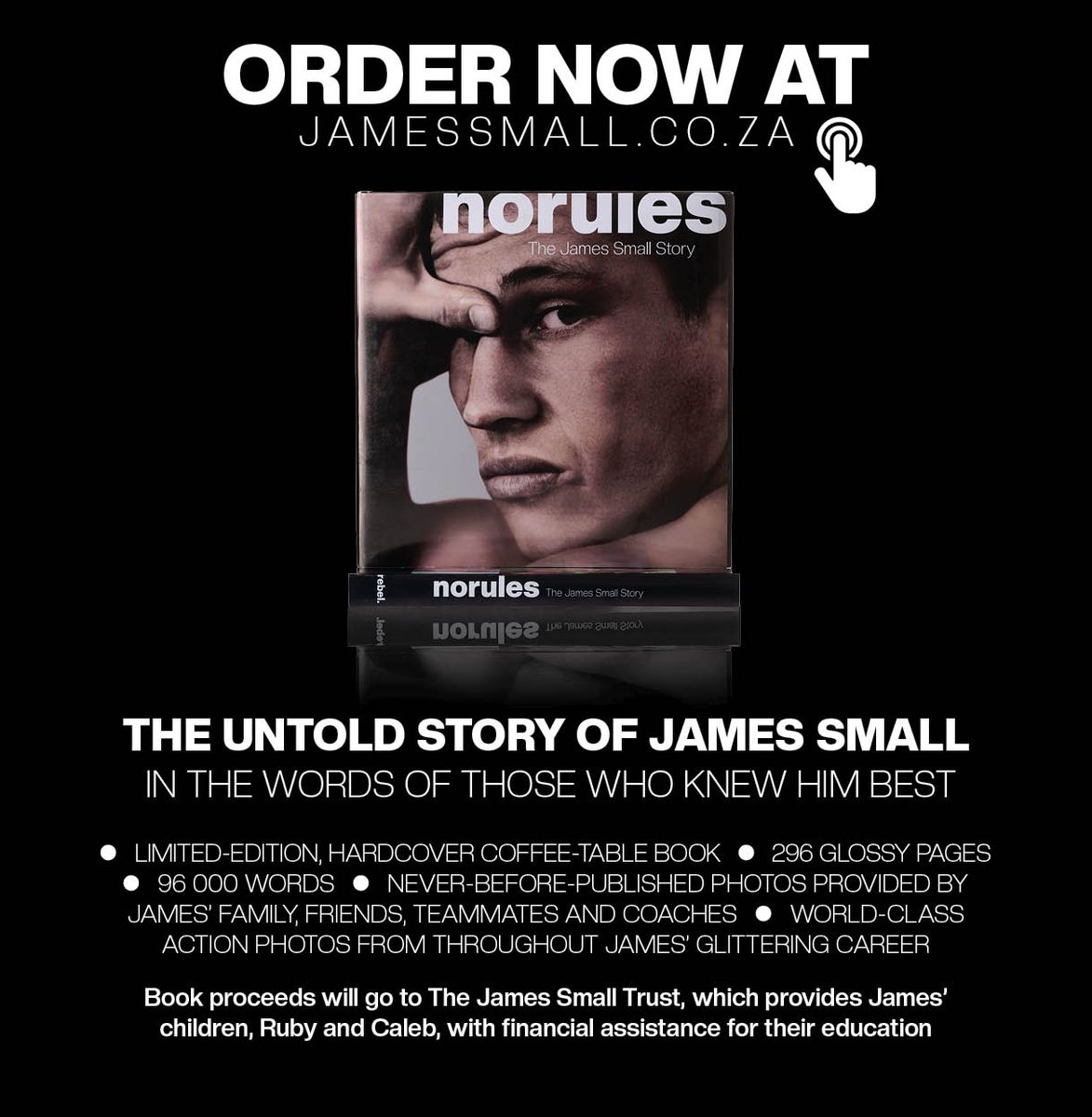 SimonBorchardt's tweet photo. 'No Rules – The James Small Story' is now available to order at https://t.co/tOCWMdDdwj
#JamesSmall #Springboks #RWC1995 #RWC2023 @4KobusWiese @John_C_Robbie @monty15monty @Springboks @SharksRugby https://t.co/aMqMA7EifL