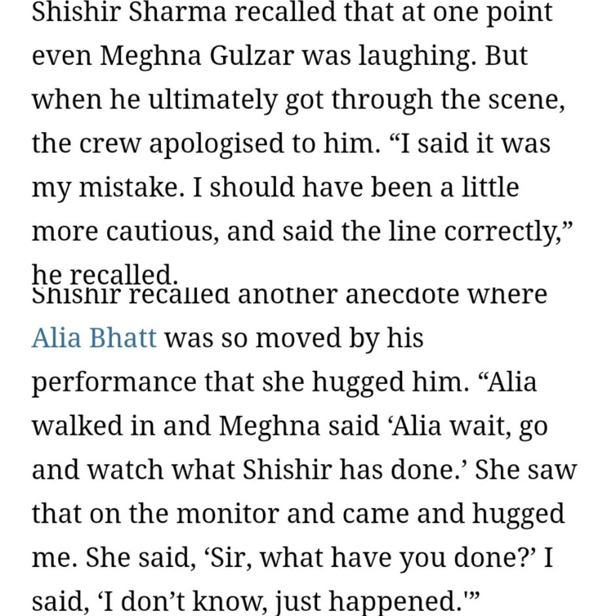 This is so darn sweet! 🥹♥️

#ShishirSharma shares in an interview that during the shoot of #Raazi,  #VickyKaushal helped him get over his fumbling in a scene and #AliaBhatt hugged him after seeing his performance.
