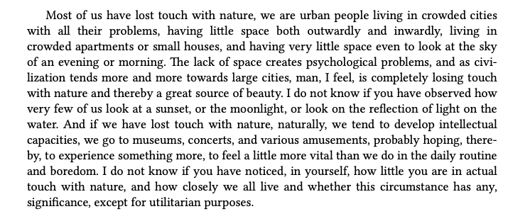 rmnth's tweet photo. ποΈ Interesting perspective on urban living by J Krishnamurti.
πΌοΈ We think of museums and music concerts as advantages of living in cities.
π³ Krishnamurti says we are merely trying to fill a void left by not being close to nature.
#ContrarianReads https://t.co/WuNC8Ascpg