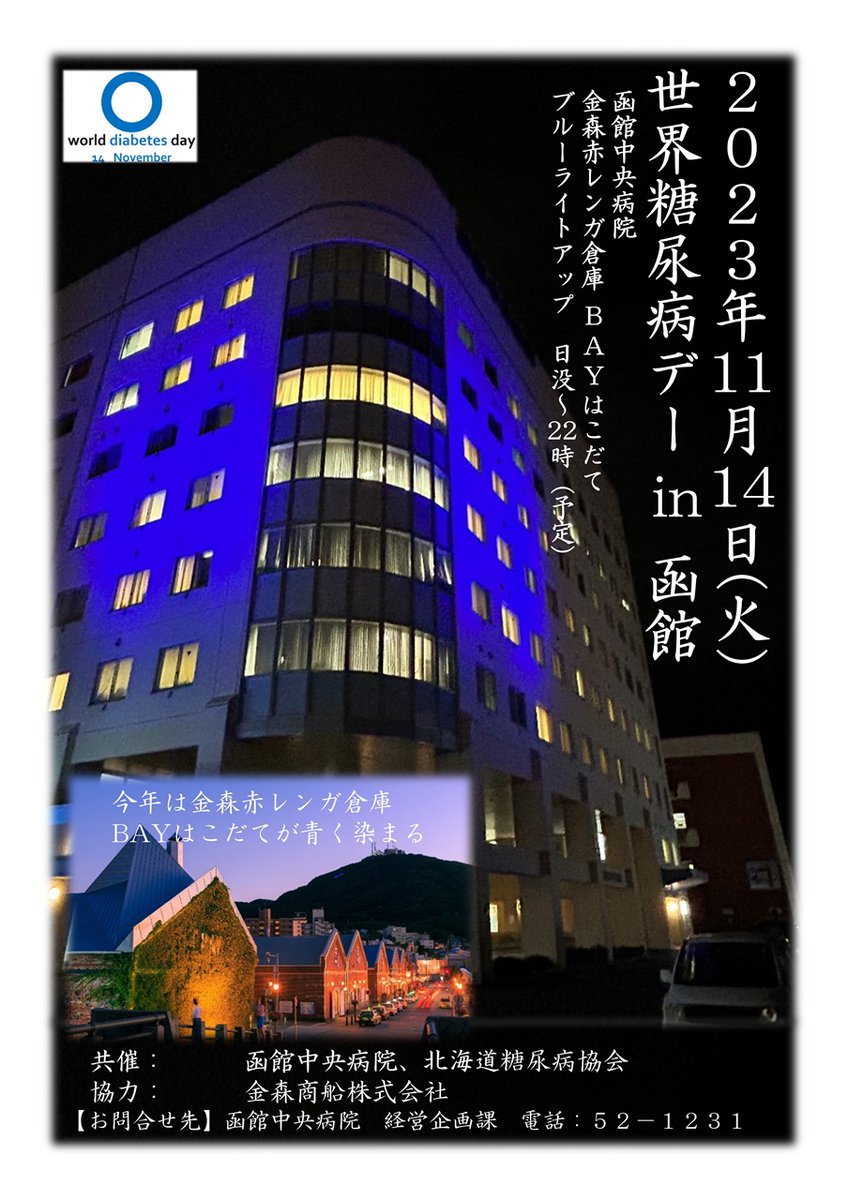 世界糖尿病デー in 函館の取り組みの一環として、金森赤レンガ倉庫と函館中央病院を青くライトアップするよーというご案内をいただきました。

金森赤レンガ倉庫のブルーライトアップはレアですね～。