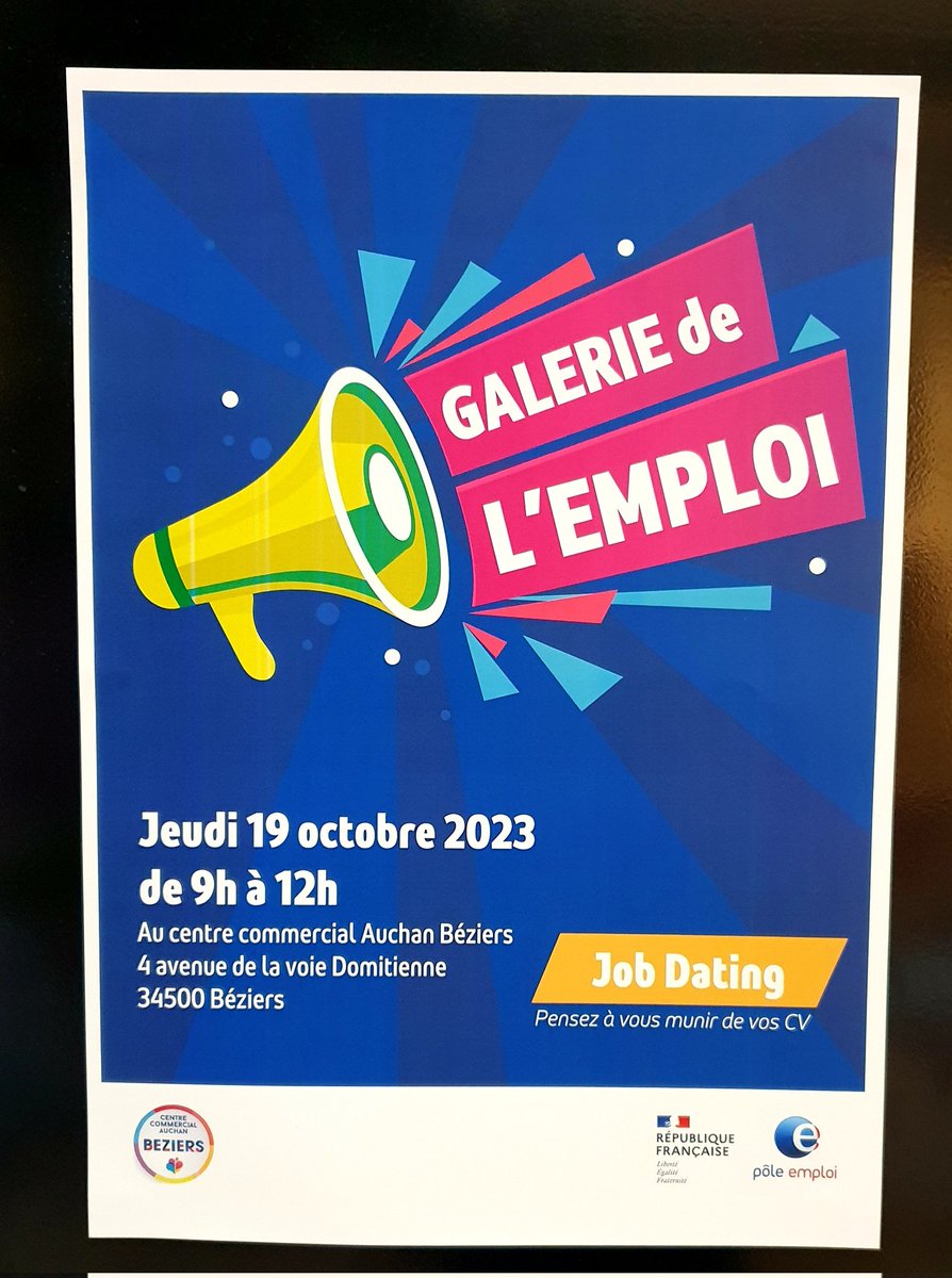plas_richard's tweet photo. #semaineducommerce la première édition de #Galeriedelemploi c'est ce matin de 9️⃣ à 1️⃣2️⃣ au centre commercial @AUCHAN_France #Béziers #TousMobilisés #1jeune1solution @Poleemploi_oc https://t.co/RT1eYmhXid