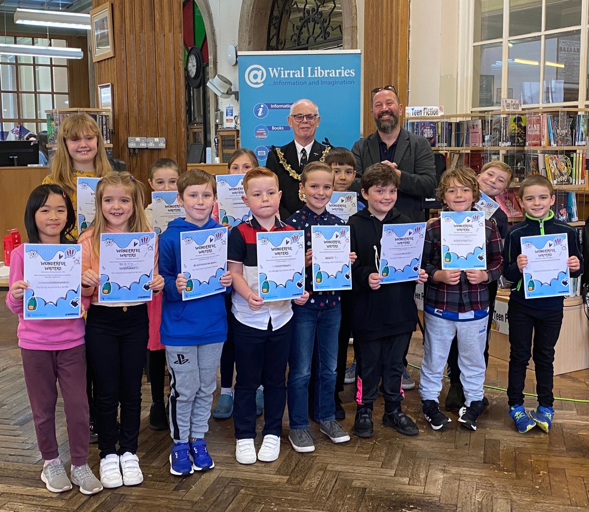 What an honour to listen to so many super stories by a new generation of wonderful writers at a storytelling event at Birkenhead Library with the Mayor of Wirral. Stories are on display at Birkenhead Library and soon in other libraries #wonderfulwriters #keepwriting