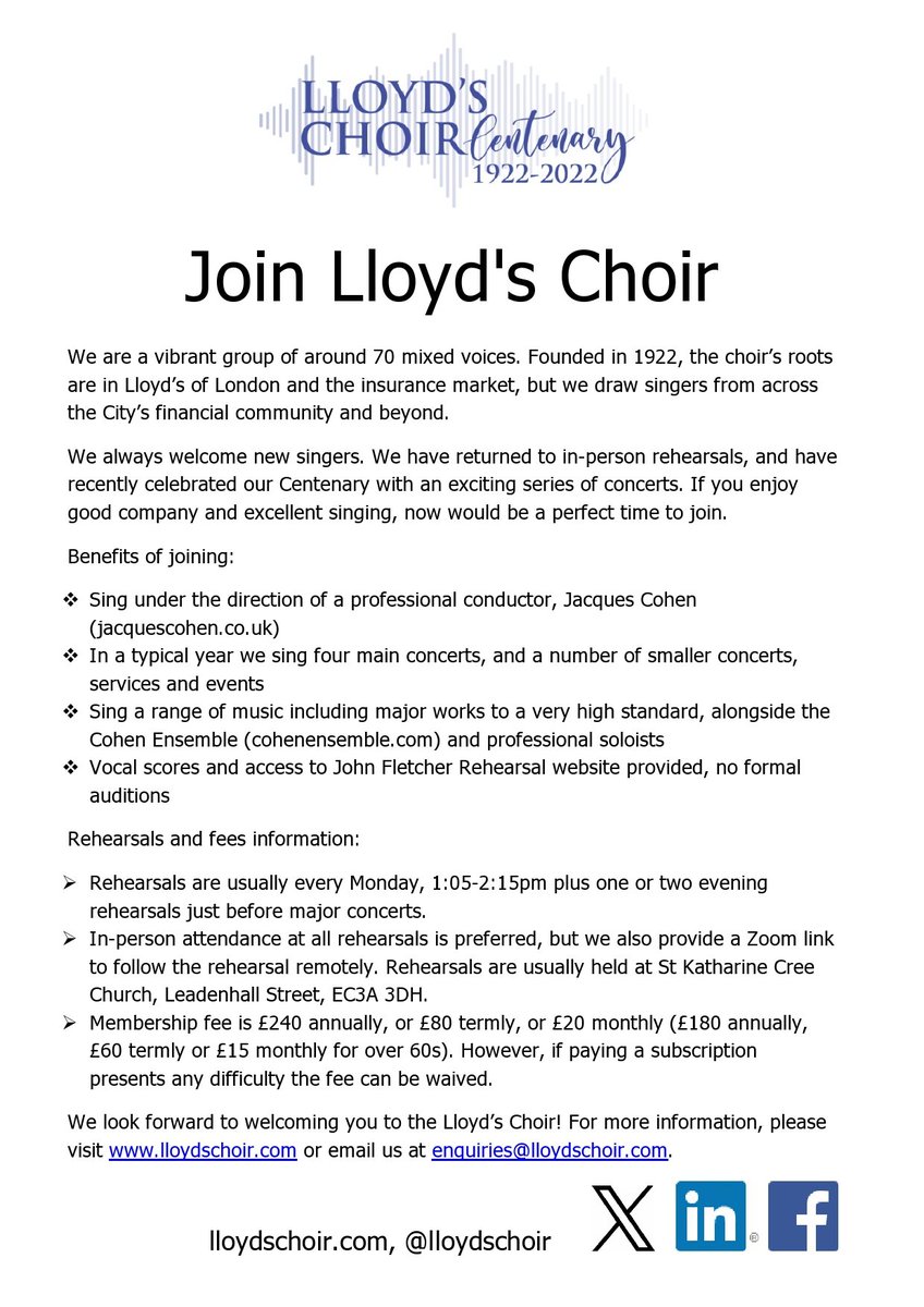 The nights are drawing in, so it's time to do something joyful and healthy! Singers: now's a great time to join us. Rehearsals for our Remembrance and Christmas season continue on Monday 23rd October. More details in the flyer, please share!