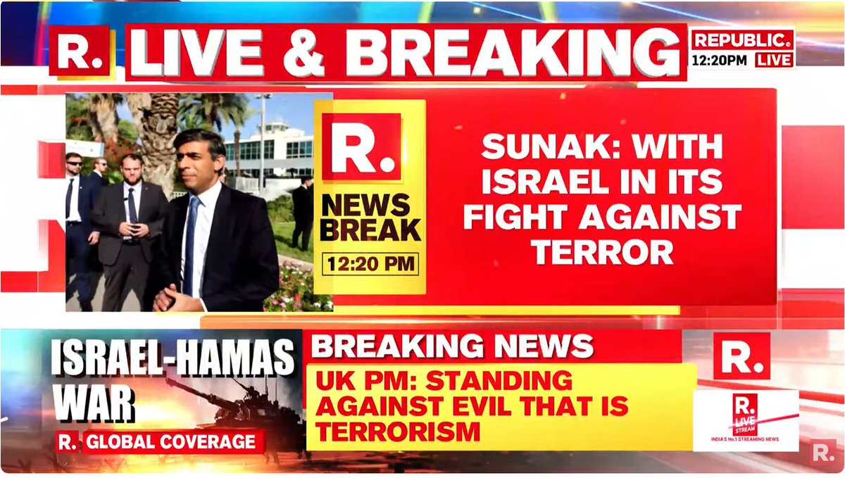 #BREAKING | 'I am in Israel, a nation in grief. I grieve with you and stand with you against the evil that is terrorism. Today, and always,' UK Prime Minister Rishi Sunak on X (formerly Twitter). 

#UK #RishiSunak #UKPM #Israel #UKPrimeMinister #TelAviv #IsraelHamaswar #Hamaswar