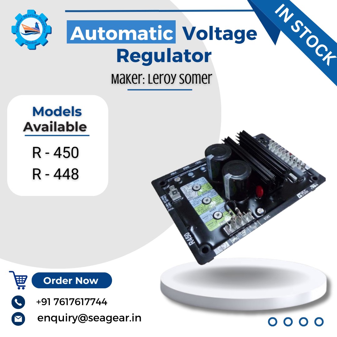 Automatic Voltage Regulator
Seagear Marine Supplies Pvt Ltd
Get its quotation from us and place your order now!
#automaticvoltageregulator #automatic #regulator #voltageregulator #r-4450 #r-448 #leroysomer #seagear #marineproducts #marine #shipspares #ship