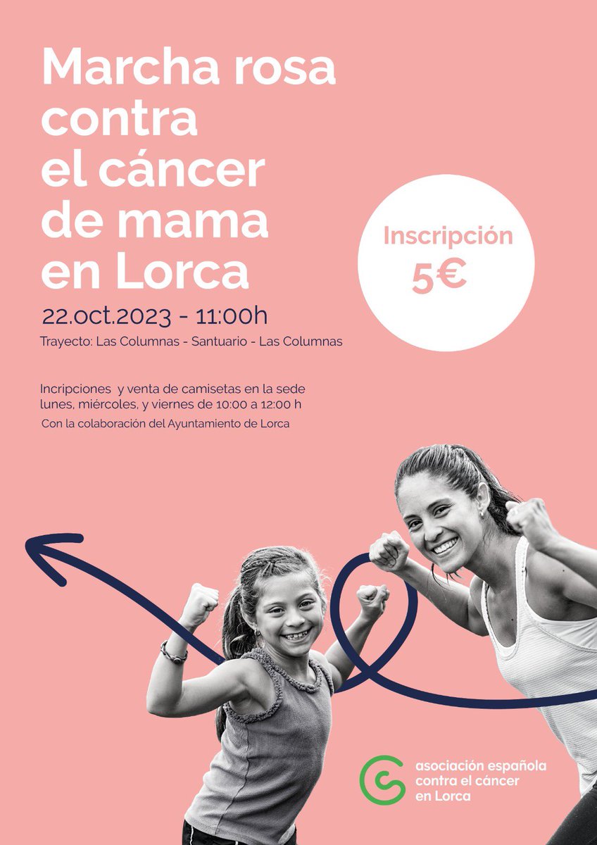 DÍA MUNDIAL CONTRA EL CÁNCER DE MAMÁ.
MARCHA ROSA CONTRA EL CANCER DE MAMA EN LORCA.

Animamos a toda la sociedad lorquina para que se una a la novena marcha popular en apoyo a la Asociación Española Contra el Cáncer en Lorca, que recorrerá la ciudad este domingo 22 de octubre!