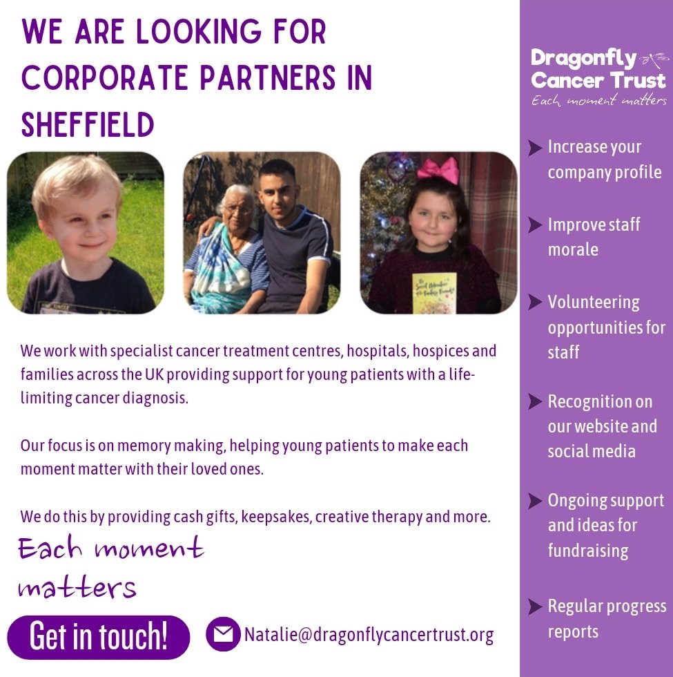 Seeking corporate support in #Sheffield for Dragonfly Cancer Trust 🦋
Boost your brand while making a difference. 
Email me at Natalie@dragonflycancertrust.org for further info. 
Please share with your network🙏 #SheffieldBusiness #CorporateSupport
@HelpSheffield @Sheffieldis