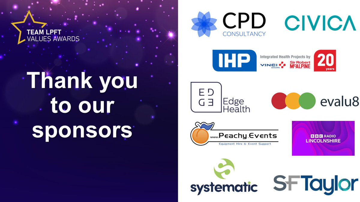 Lincolnshire Partnership NHS Foundation Trust (@lpftnhs) on Twitter photo We are so grateful for the generous support and sponsorship for tonight's #LPFTAwards from @CPDconsultancy, <a href="/CivicaUK/">Civica</a>, <a href="/VCUK_Building/">VINCI Building UK</a>, <a href="/edge_health_/">Edge Health</a>, <a href="/evalu8_/">evalu8</a>, <a href="/PeachyESltd/">Peachy Events</a>, <a href="/BBCRadioLincs/">BBC Lincolnshire</a>, @SystematicPrint, and <a href="/SFTaylorUK/">SFTaylor</a> 💜 Thank you! We are so grateful for the generous support and sponsorship for tonight's #LPFTAwards from @CPDconsultancy, <a href="/CivicaUK/">Civica</a>, <a href="/VCUK_Building/">VINCI Building UK</a>, <a href="/edge_health_/">Edge Health</a>, <a href="/evalu8_/">evalu8</a>, <a href="/PeachyESltd/">Peachy Events</a>, <a href="/BBCRadioLincs/">BBC Lincolnshire</a>, @SystematicPrint, and <a href="/SFTaylorUK/">SFTaylor</a> 💜 Thank you!