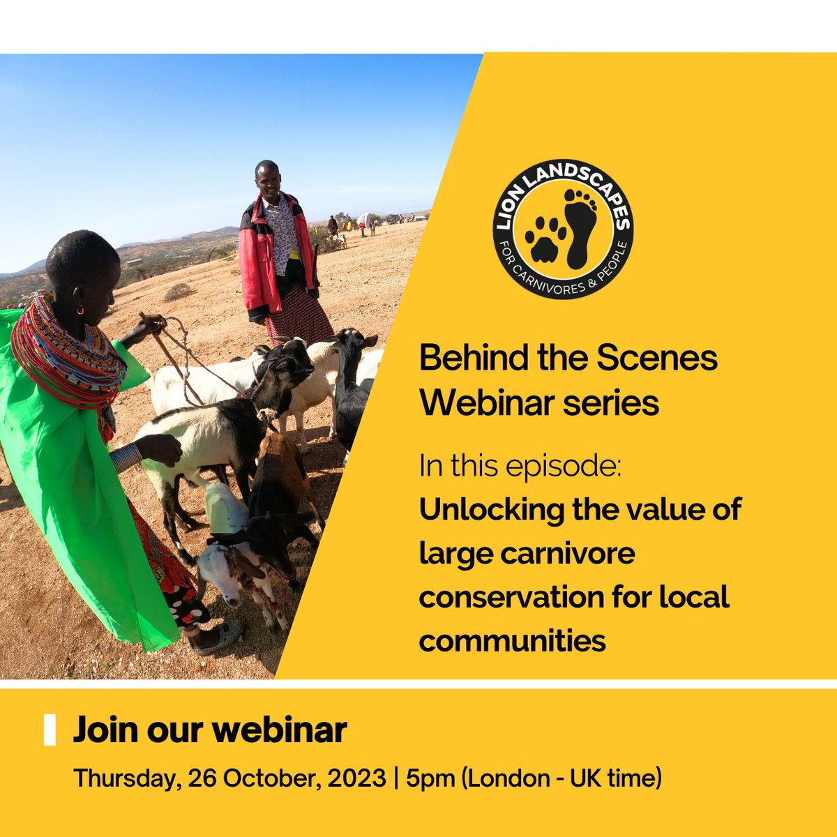 Join the 4th episode of our webinar series on 26 Oct 2023, 5pm-UK time to learn about alternative mechanisms to increase the benefits for communities coexisting with large carnivores, including Lion Friendly Livestock, carbon and biodiversity credits. zoom.us/webinar/regist…