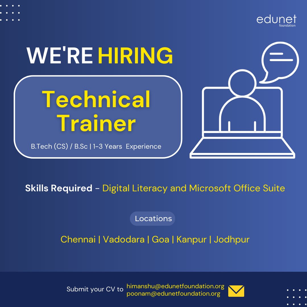 We are #hiring!

Please send your resume to himanshu@edunetfoundation.org or poonam@edunetfoundation.org

#job #jobalert #vacancy #vacancyalert #jobs #hiringnow #hiringalert #jobhiring #jobopportunity #vacancyannouncement #trainerjobs #jobsearch #jobhunt #jobseekers