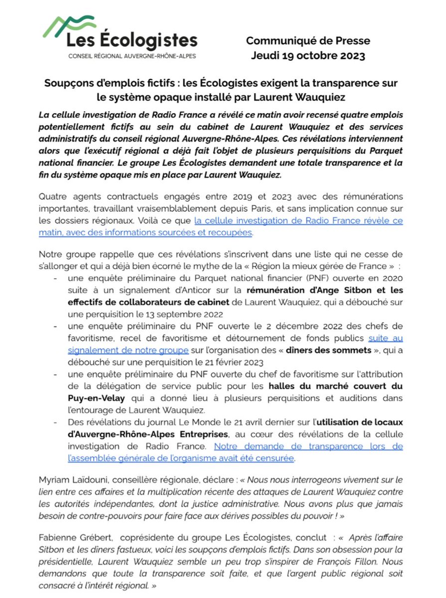 EcologieAuRA's tweet photo. 🚨 Soupçons d’emplois fictifs : 
@EcologieAuRA exige la transparence sur le système opaque installé par Laurent Wauquiez

#AuvergneRhoneAlpes #AURA https://t.co/JBzT3xijiI