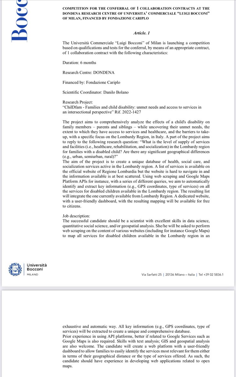 Danilo Bolano (@danilobolano) on Twitter photo #hiring we are looking for a data scientist interested in mapping/geotag/web scraping to work with me and <a href="/sissinicobalbo/">Nicoletta Balbo</a> <a href="/DondenaCentre/">Dondena Centre</a> on the automatic mapping of services for disabled child in Italy. Length: 6 month (with possible extensions). Deadline Oct 23rd. Link ๐ #hiring we are looking for a data scientist interested in mapping/geotag/web scraping to work with me and <a href="/sissinicobalbo/">Nicoletta Balbo</a> <a href="/DondenaCentre/">Dondena Centre</a> on the automatic mapping of services for disabled child in Italy. Length: 6 month (with possible extensions). Deadline Oct 23rd. Link ๐
