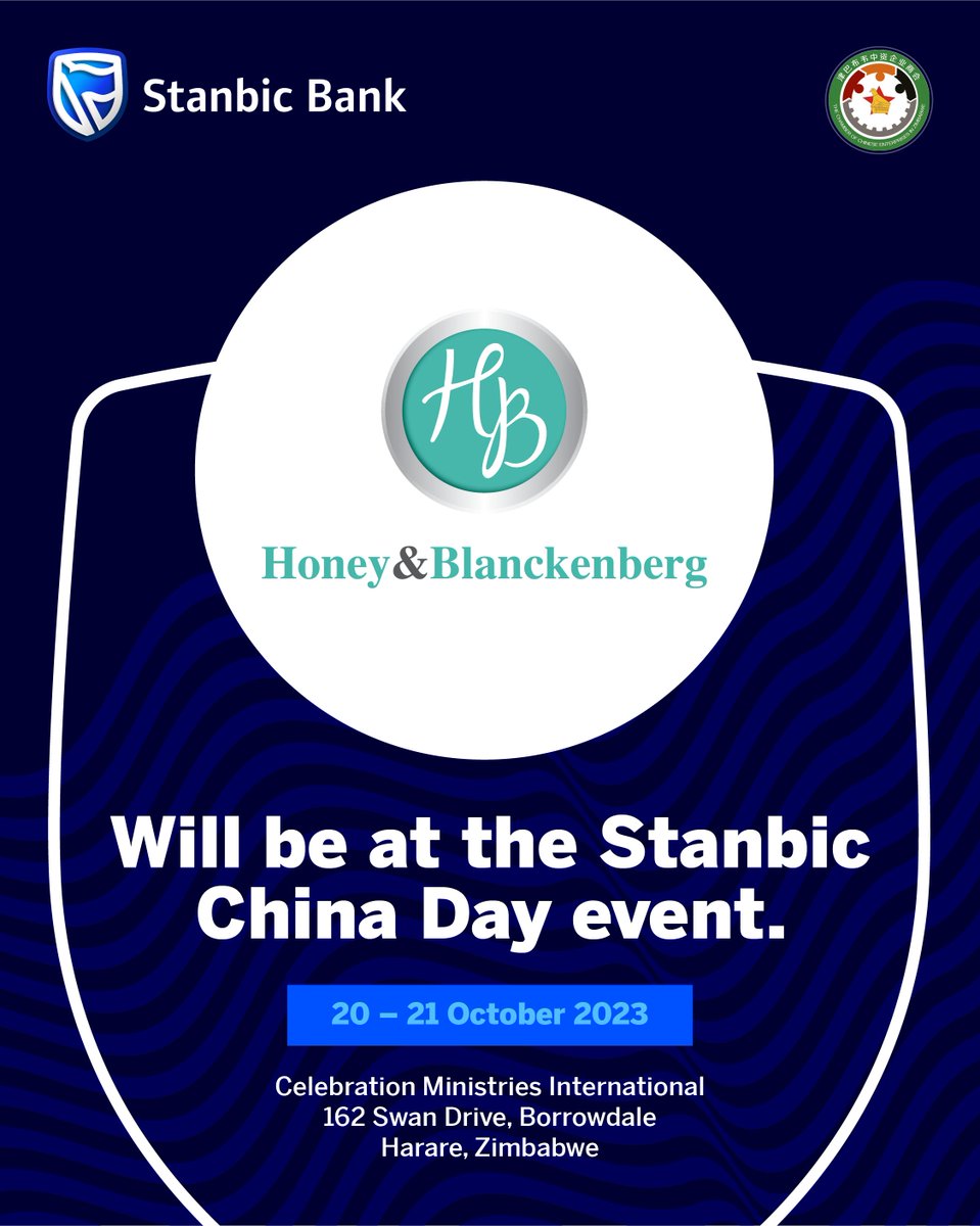 HandB_law's tweet photo. Team Honey &amp; Blanckenberg will be at the China Day event hosted by @StanbicBankZW on Friday 20 October and Saturday 21 October.

Visit us at our stand and let’s talk about how we can best serve your needs. https://t.co/oq5QnrhtvU
