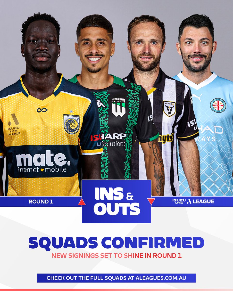 aleaguemen's tweet image. The squads for Round 1 of the Isuzu UTE A-League are HERE 🤩 a host of new and returning stars are set to light up the opening round 🔥

📰 Full Ins &amp;amp; Outs: bit.ly/492DNt1

🎟️ Round 1 Tickets: bit.ly/46gUNd2