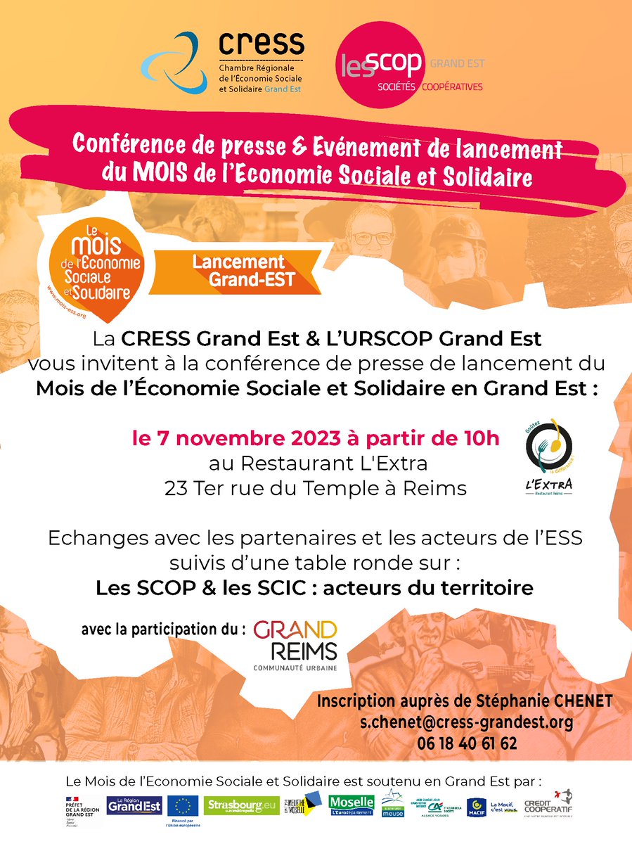 cress_grandest's tweet image. 📢La CRESS Grand Est et Les SCOP Grand Est lanceront le @mois_ESS  #Reims @LExtrAreims le📅7 novembre @les_scop 🏆Annonce des lauréats #PrixESS @regiongrandest @Prefet67 @StrasbourgESS @FSE_nat @Departement54 @MoselleCD57 @deptmeuse @credit_coop_ @FondationMacif @CreditAgricole