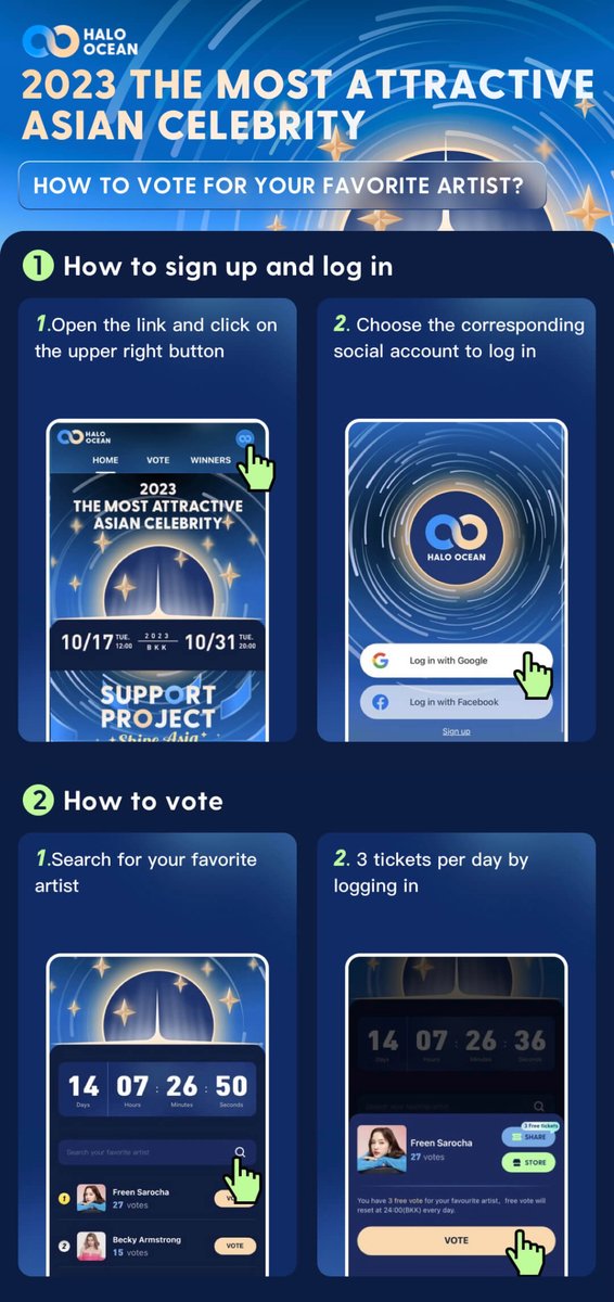 🌟Congratulations to War Wanarat on being nominated for 2023 The Most Attractive Asian Celebrity
💖Come and vote for your favorite artist!
🎟️3 tickets per day by logging in
📅Voting deadline: 20:00, Oct.31, 2023 (BKK)
🔗haloocean.com
#warwanarat #HaloOcean