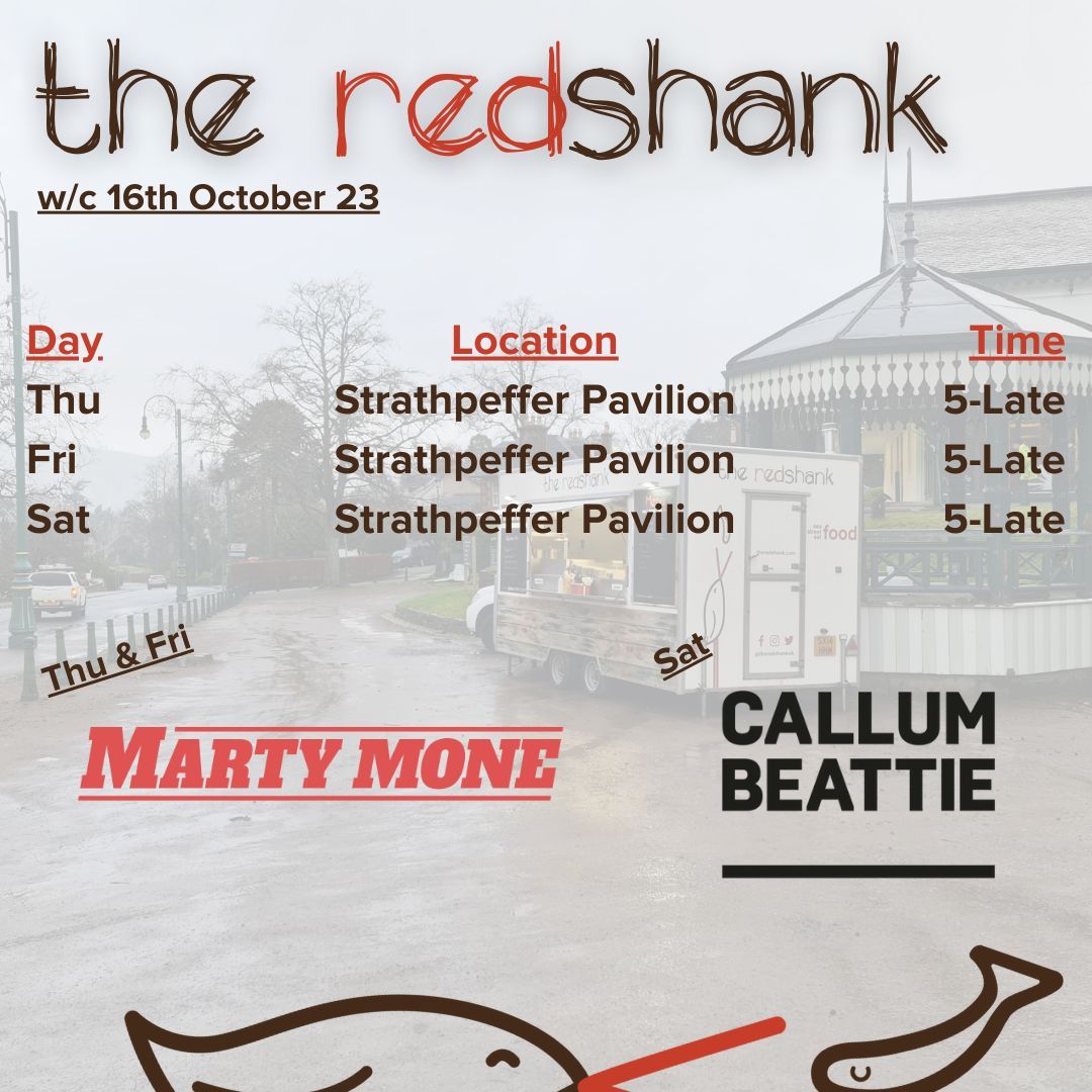 Morning folks...

This week sees us at the Strathpeffer pavilion catering for <a href="/martymonemusic/">Marty Mone</a> Thu &amp; Fri then <a href="/callumbeattieuk/">Callum Beattie</a> Sat!

Were open to the public so tell all far and wide and will see you tonight...

#martymone #callumbeattie #strathpeffer #gigsinscotland #streetfood
