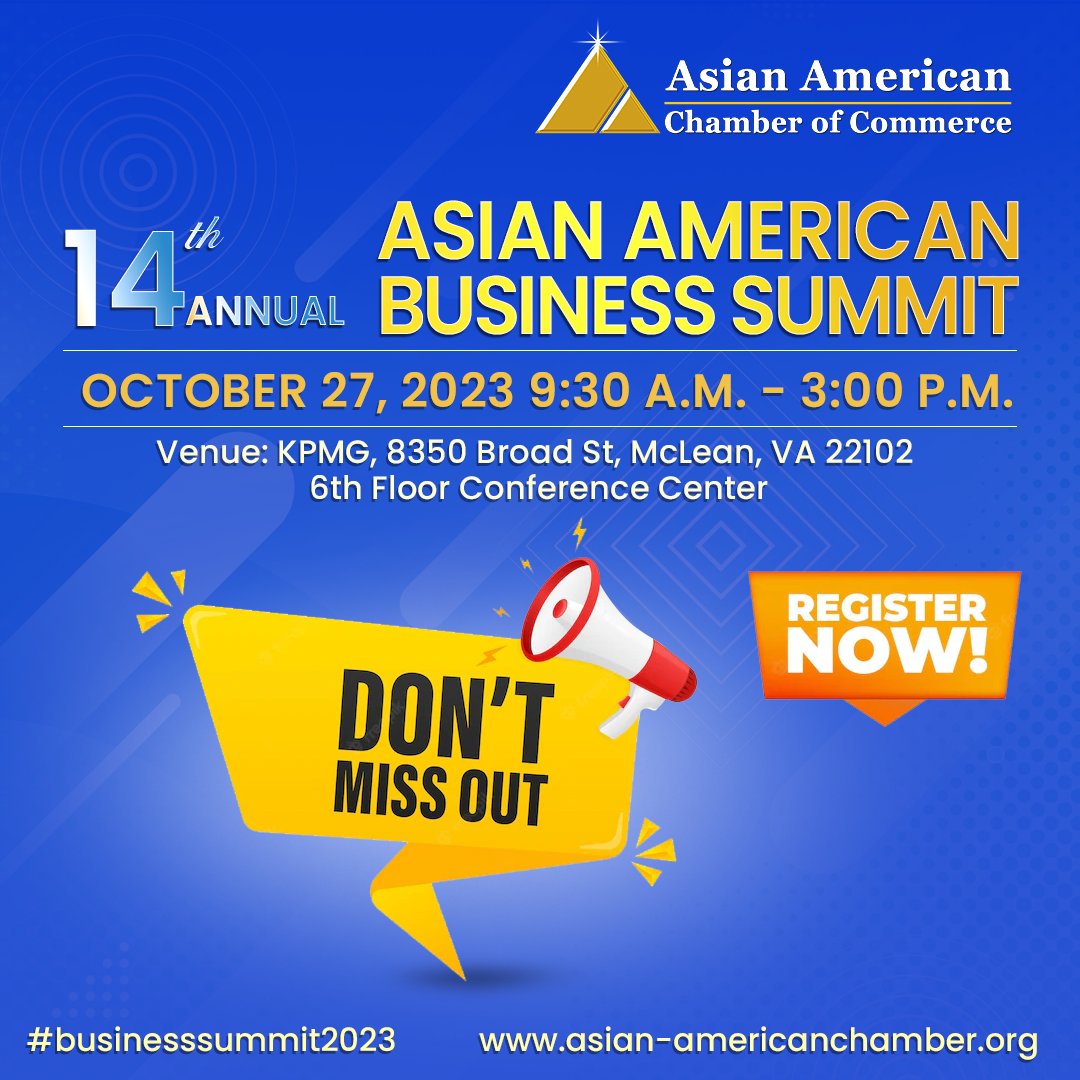 We are just one week away from the Annual #AsianAmericanBusinessSummit!
Get ready to connect, collaborate, and gain valuable insights.
Don't miss out on this fantastic opportunity to empower your #business.
For inquiries and more details, Visit Us asian-americanchamber.org/business-summi…

#AACC
