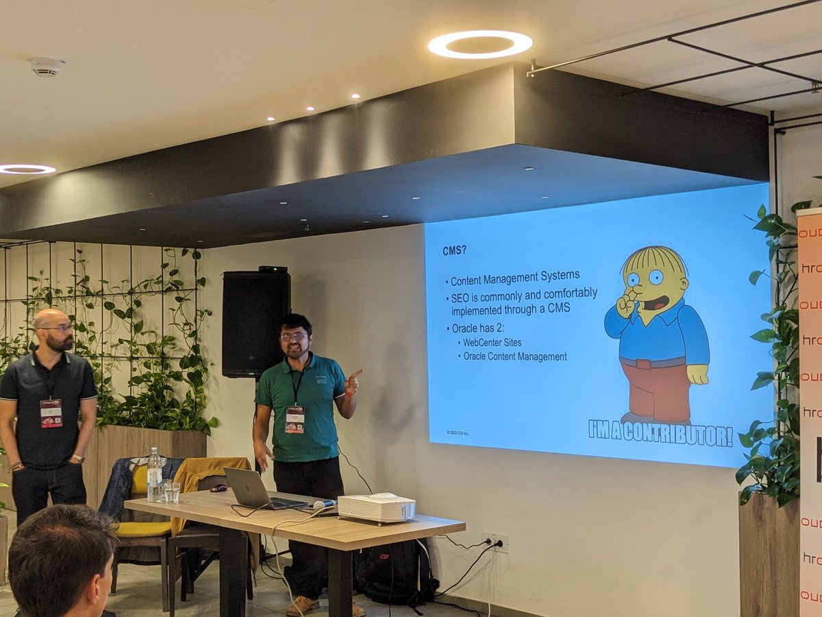 Mirela Ardelean (@mirela_rooug) on Twitter photo The last stop of #octemea2023.
First session of the day:
Developing a 100% SEO-friendly site in Oracle Cloud
with <a href="/oraclesach/">Samuel Campos</a> and Carlos Delgado
#HrOUG2023
<a href="/oracleace/">Oracle ACE Program</a> <a href="/oracleugs/">Oracle User Groups</a> The last stop of #octemea2023.
First session of the day:
Developing a 100% SEO-friendly site in Oracle Cloud
with <a href="/oraclesach/">Samuel Campos</a> and Carlos Delgado
#HrOUG2023
<a href="/oracleace/">Oracle ACE Program</a> <a href="/oracleugs/">Oracle User Groups</a>